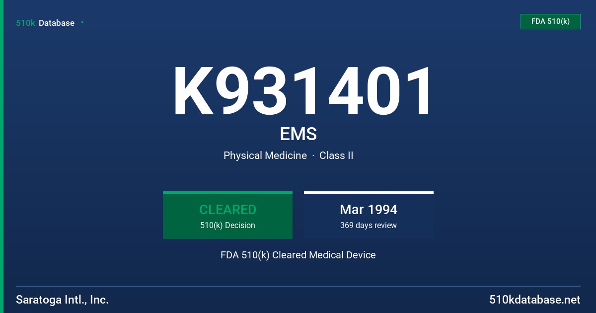 K931401 EMS FDA 510(k) Cleared Medical Device