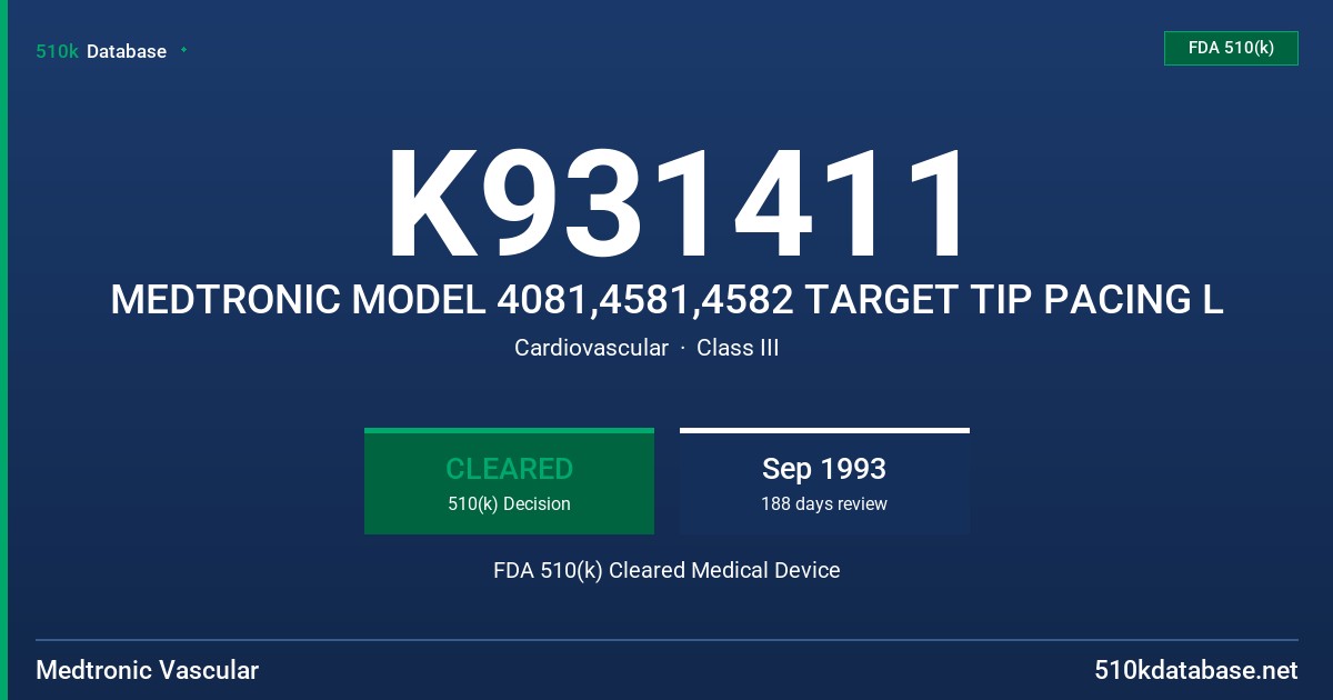 K931411 MEDTRONIC MODEL 4081,4581,4582 TARGET TIP PACING L FDA 510(k) Cleared Medical Device