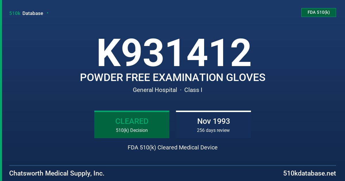K931412 POWDER FREE EXAMINATION GLOVES FDA 510(k) Cleared Medical Device