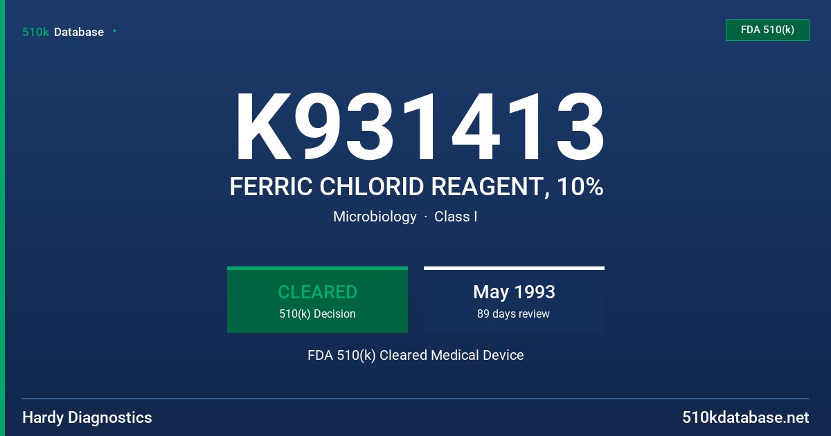 K931413 FERRIC CHLORID REAGENT, 10% FDA 510(k) Cleared Medical Device