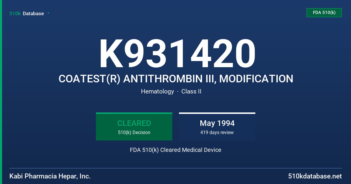K931420 COATEST(R) ANTITHROMBIN III, MODIFICATION FDA 510(k) Cleared Medical Device