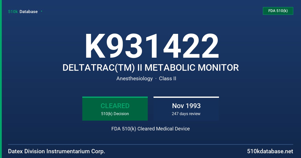 K931422 DELTATRAC(TM) II METABOLIC MONITOR FDA 510(k) Cleared Medical Device