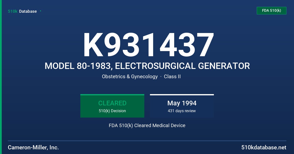 K931437 MODEL 80-1983, ELECTROSURGICAL GENERATOR FDA 510(k) Cleared Medical Device