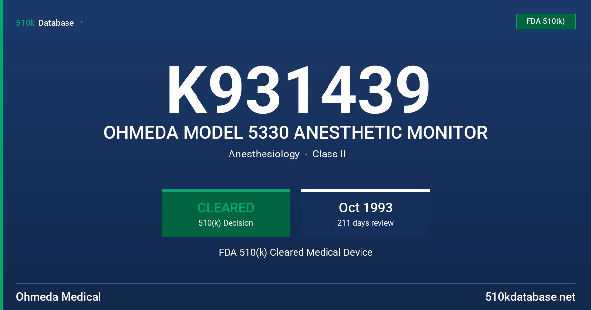 K931439 OHMEDA MODEL 5330 ANESTHETIC MONITOR FDA 510(k) Cleared Medical Device