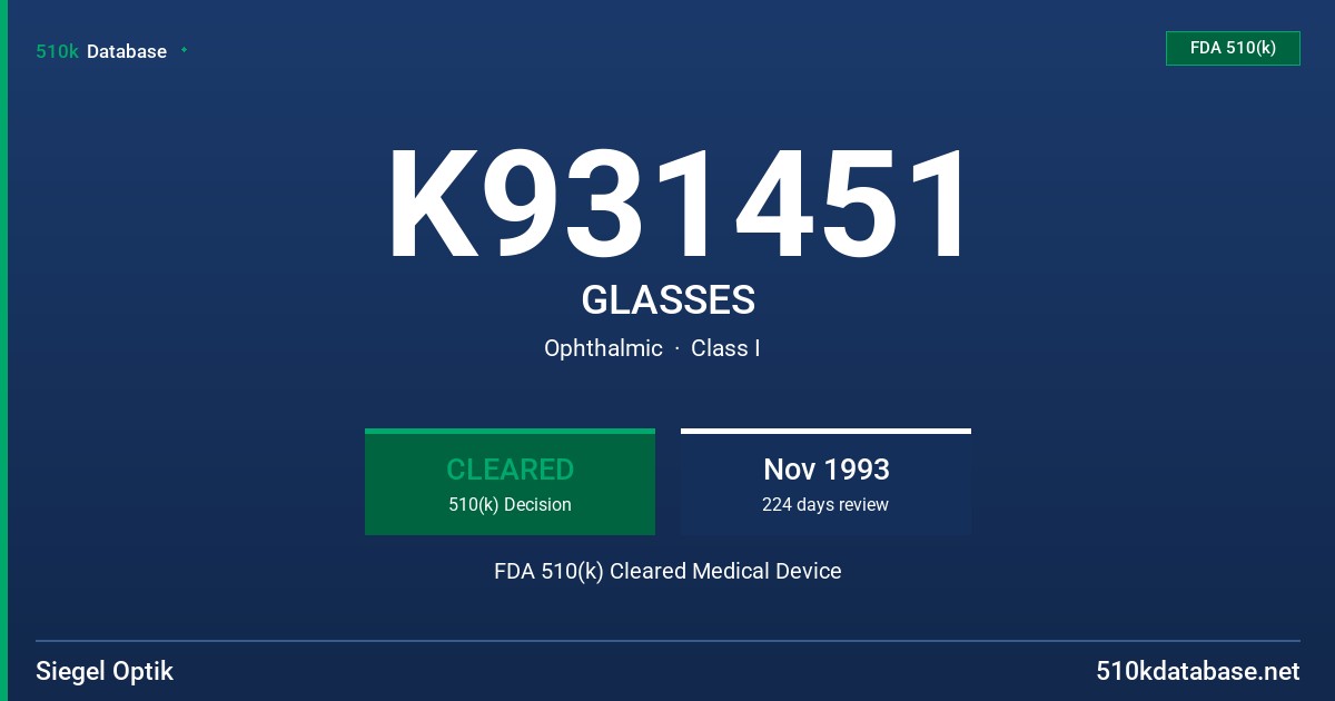 K931451 GLASSES FDA 510(k) Cleared Medical Device