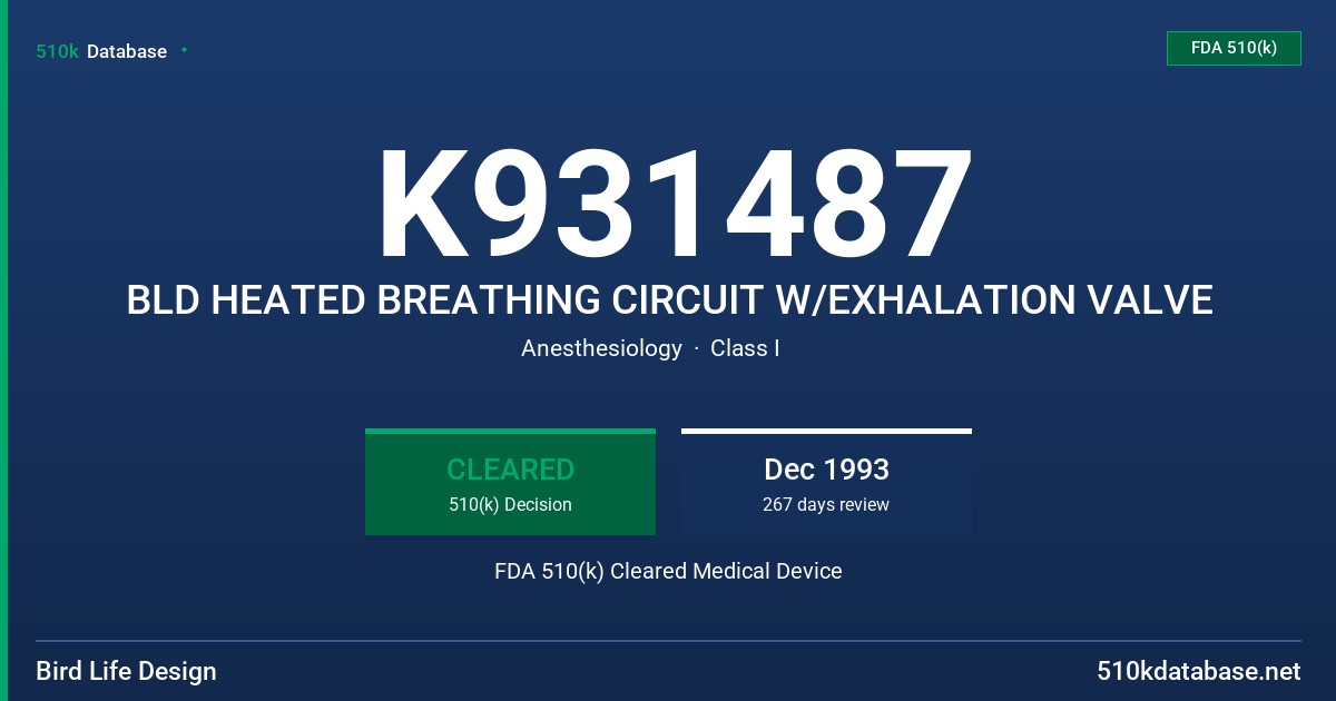 K931487 BLD HEATED BREATHING CIRCUIT W/EXHALATION VALVE FDA 510(k) Cleared Medical Device