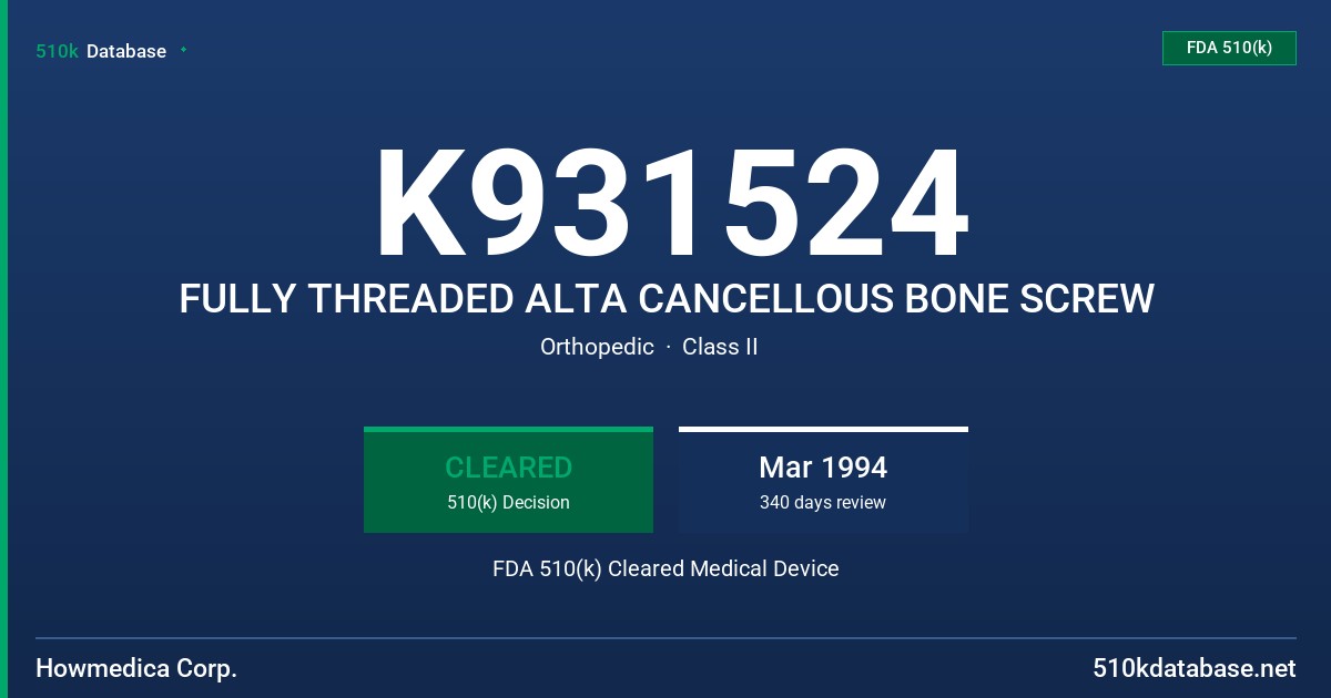 K931524 FULLY THREADED ALTA CANCELLOUS BONE SCREW FDA 510(k) Cleared Medical Device