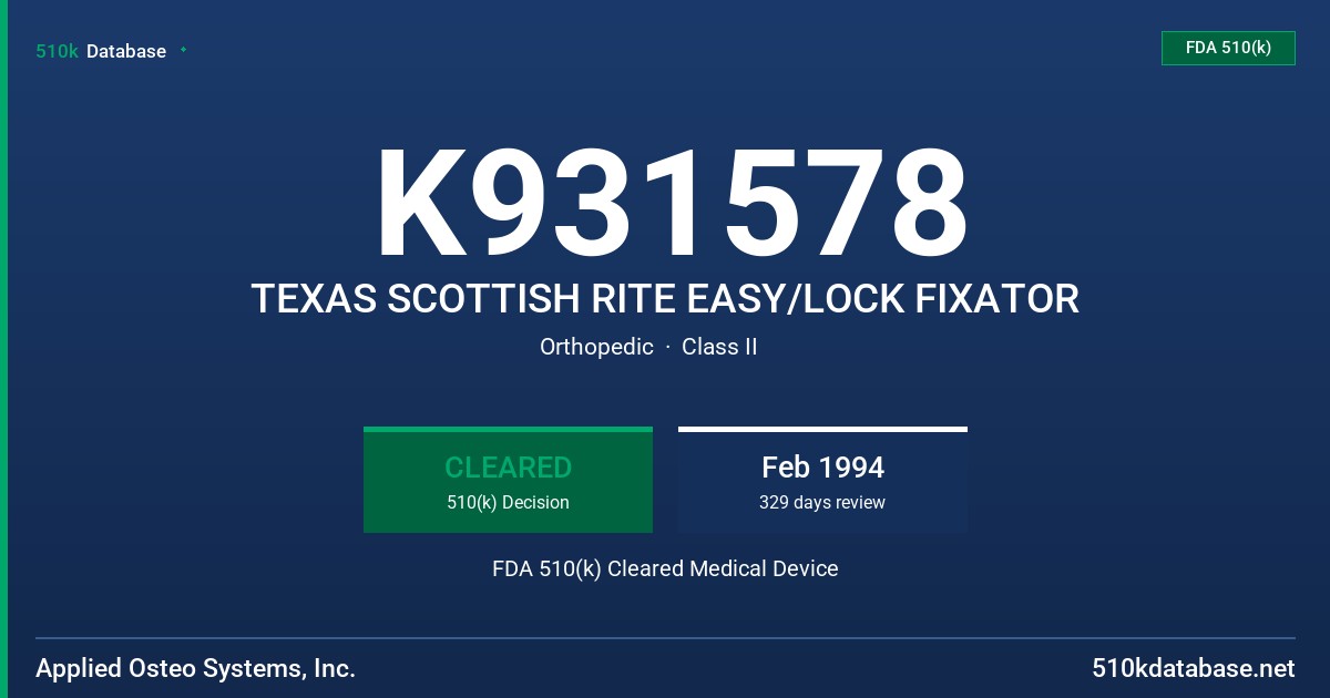 K931578 TEXAS SCOTTISH RITE EASY/LOCK FIXATOR FDA 510(k) Cleared Medical Device