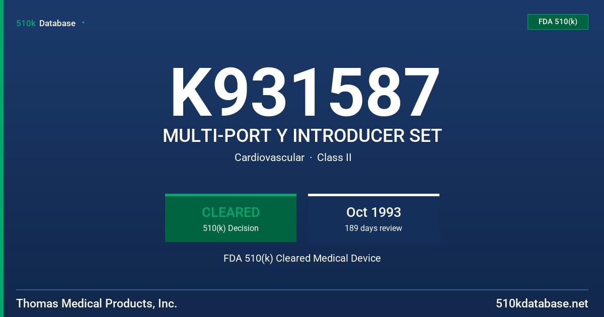K931587 MULTI-PORT Y INTRODUCER SET FDA 510(k) Cleared Medical Device