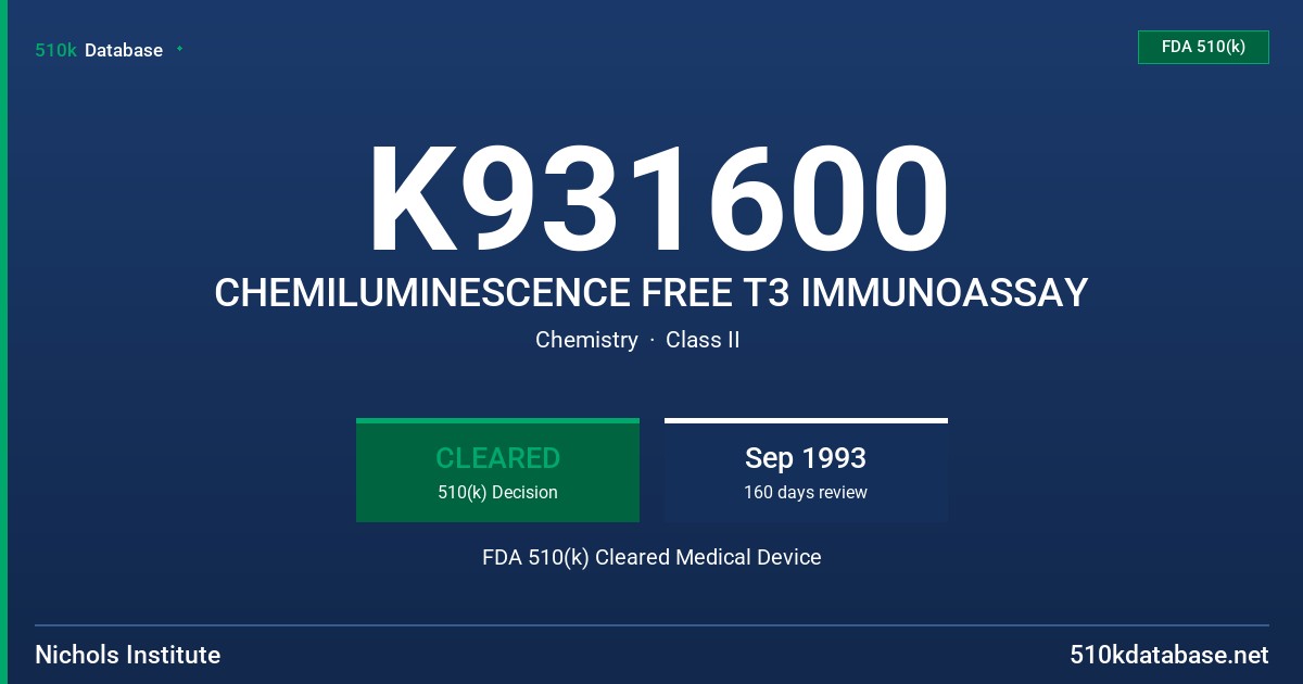 K931600 CHEMILUMINESCENCE FREE T3 IMMUNOASSAY FDA 510(k) Cleared Medical Device