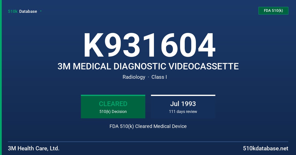 K931604 3M MEDICAL DIAGNOSTIC VIDEOCASSETTE FDA 510(k) Cleared Medical Device