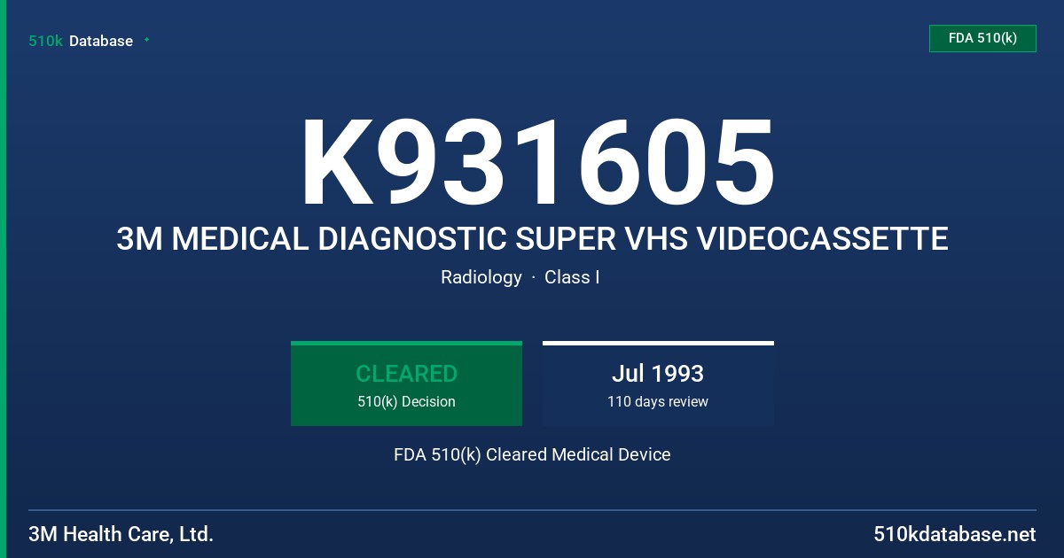 K931605 3M MEDICAL DIAGNOSTIC SUPER VHS VIDEOCASSETTE FDA 510(k) Cleared Medical Device