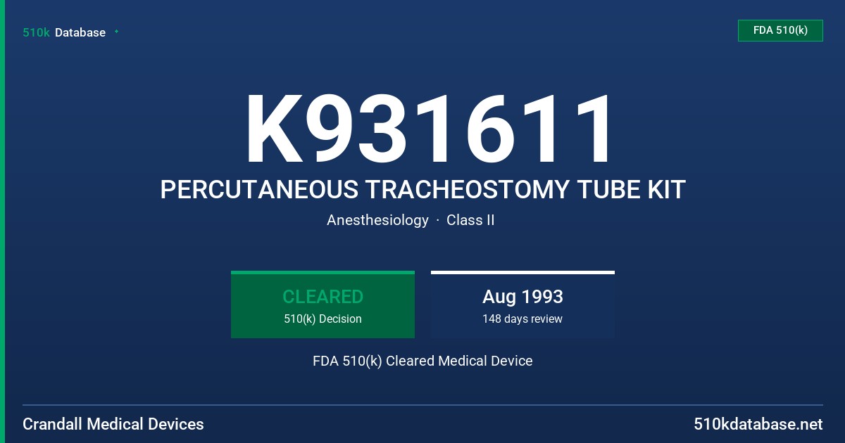 K931611 PERCUTANEOUS TRACHEOSTOMY TUBE KIT FDA 510(k) Cleared Medical Device