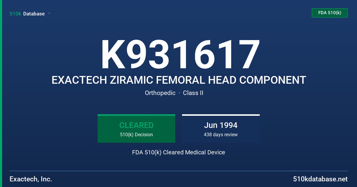 K931617 EXACTECH ZIRAMIC FEMORAL HEAD COMPONENT FDA 510(k) Cleared Medical Device