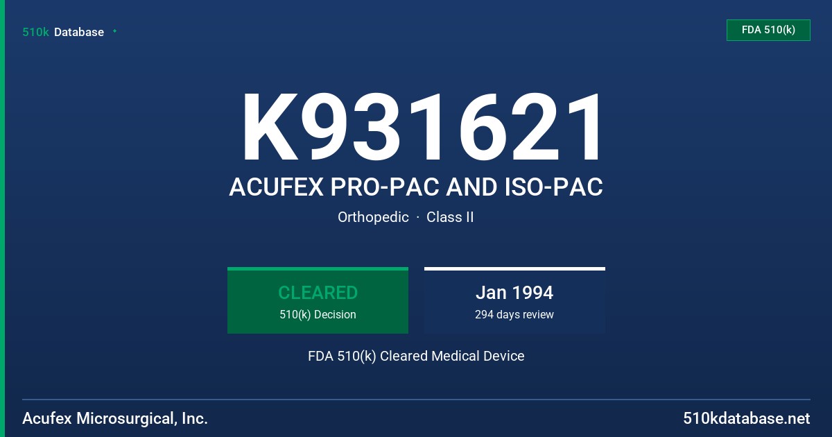 K931621 ACUFEX PRO-PAC AND ISO-PAC FDA 510(k) Cleared Medical Device