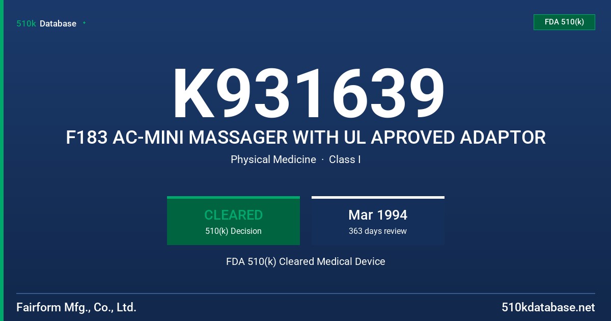 K931639 F183 AC-MINI MASSAGER WITH UL APROVED ADAPTOR FDA 510(k) Cleared Medical Device