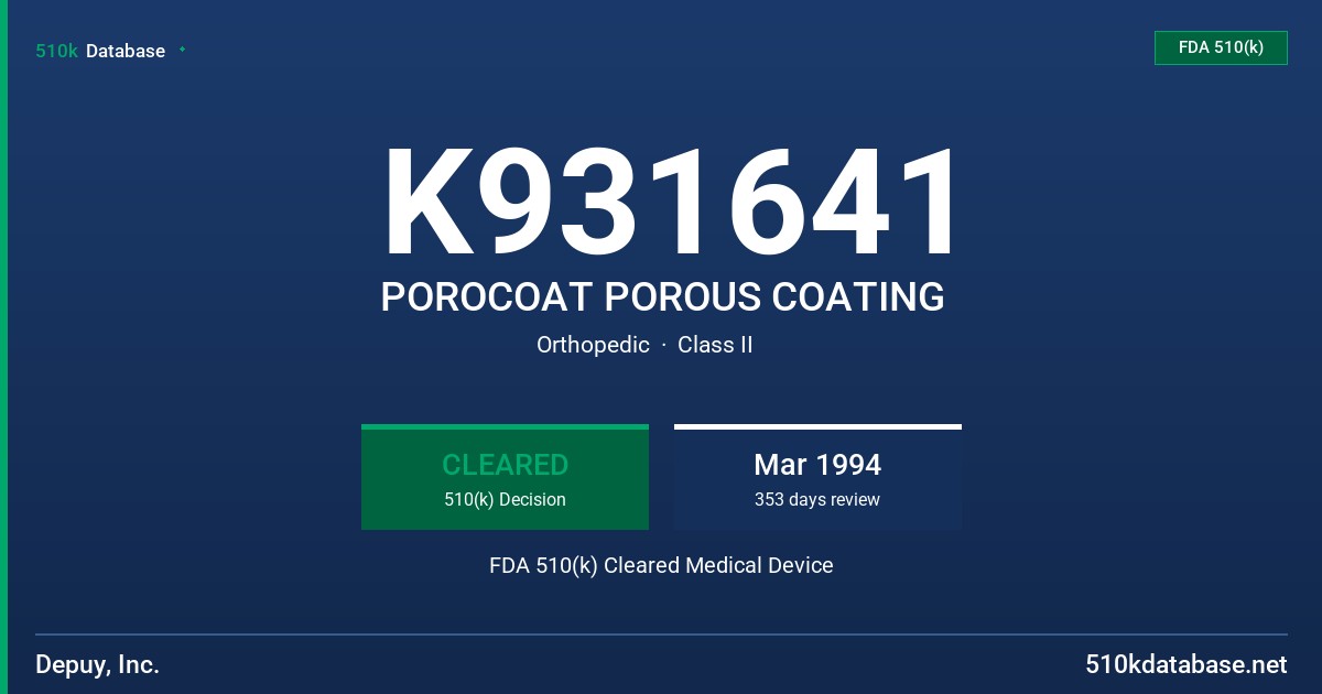 K931641 POROCOAT POROUS COATING FDA 510(k) Cleared Medical Device
