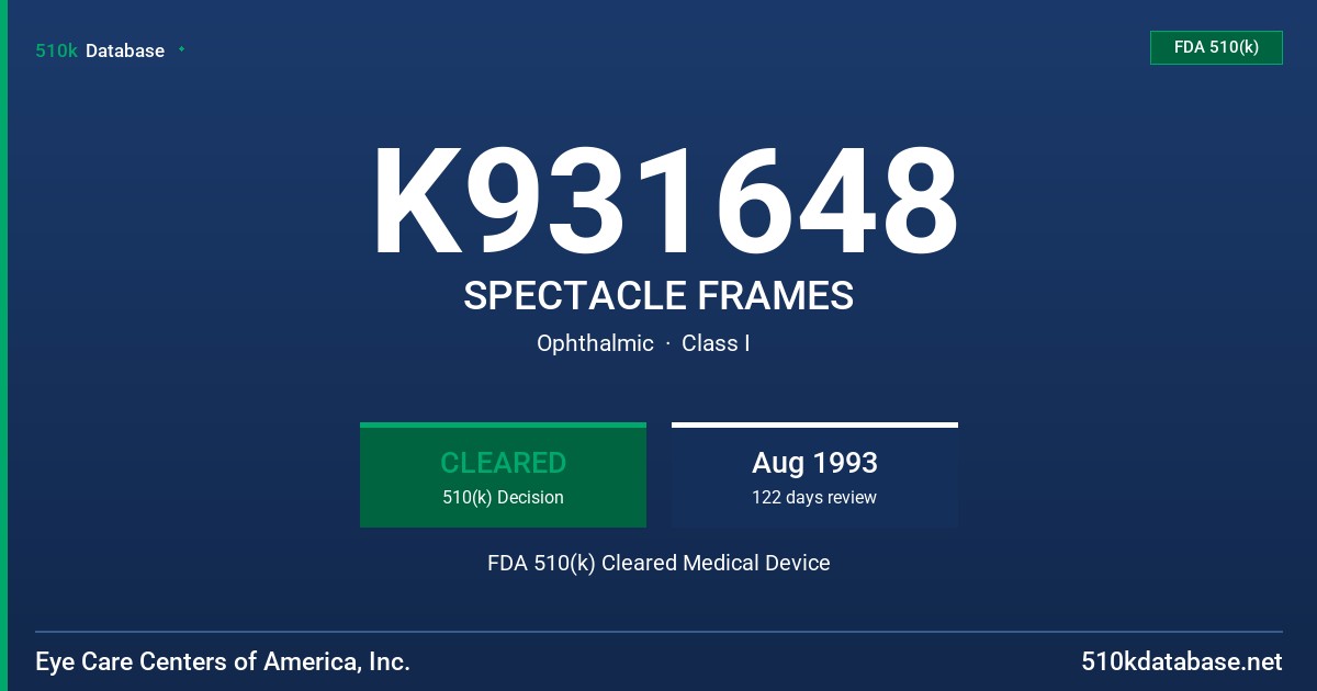 K931648 SPECTACLE FRAMES FDA 510(k) Cleared Medical Device