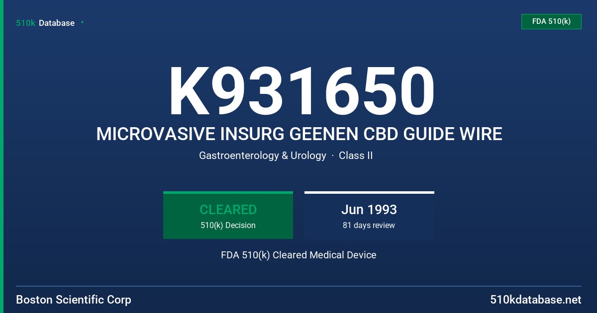 K931650 MICROVASIVE INSURG GEENEN CBD GUIDE WIRE FDA 510(k) Cleared Medical Device