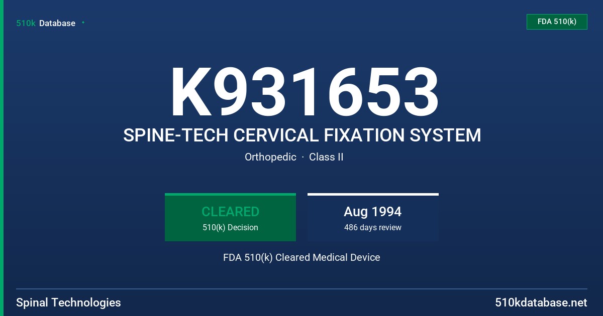 K931653 SPINE-TECH CERVICAL FIXATION SYSTEM FDA 510(k) Cleared Medical Device