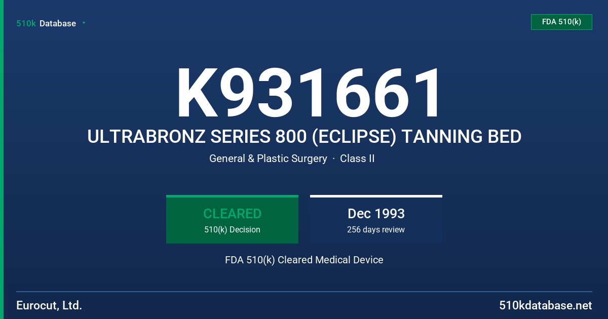 K931661 ULTRABRONZ SERIES 800 (ECLIPSE) TANNING BED FDA 510(k) Cleared Medical Device