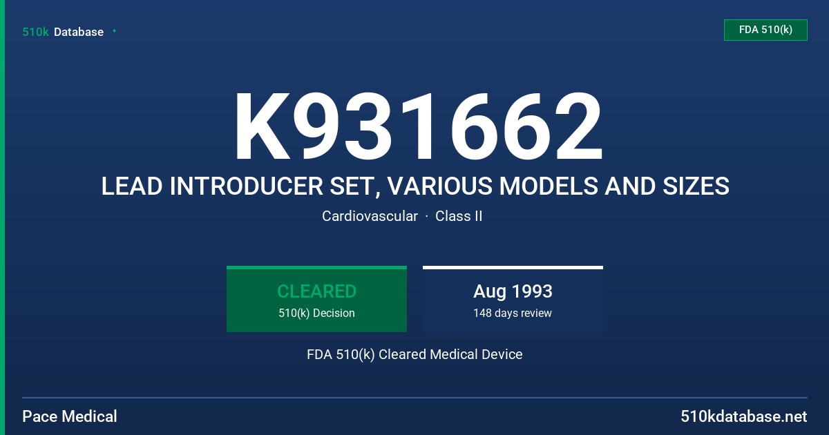 K931662 LEAD INTRODUCER SET, VARIOUS MODELS AND SIZES FDA 510(k) Cleared Medical Device
