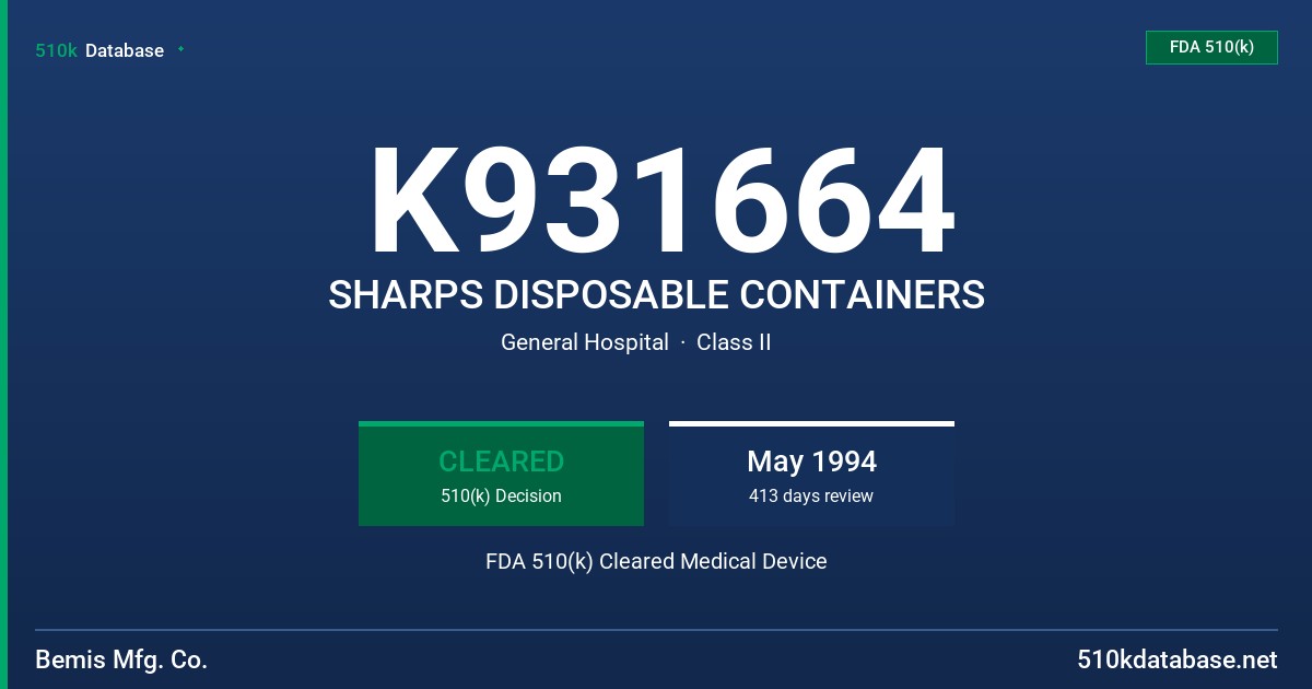 K931664 SHARPS DISPOSABLE CONTAINERS FDA 510(k) Cleared Medical Device