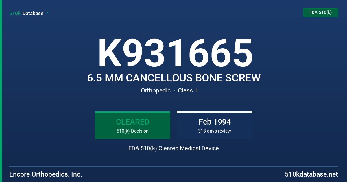 K931665 6.5 MM CANCELLOUS BONE SCREW FDA 510(k) Cleared Medical Device