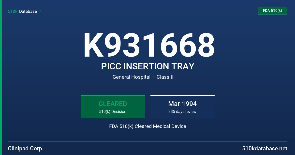 K931668 PICC INSERTION TRAY FDA 510(k) Cleared Medical Device