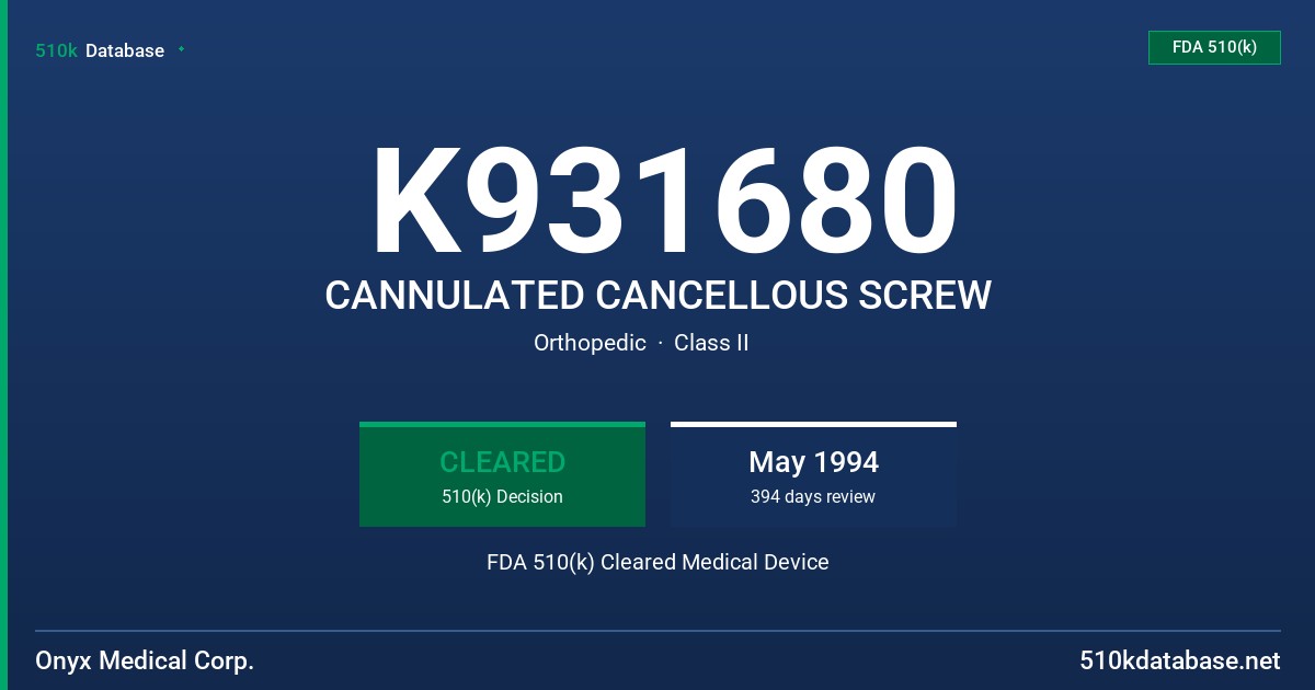 K931680 CANNULATED CANCELLOUS SCREW FDA 510(k) Cleared Medical Device