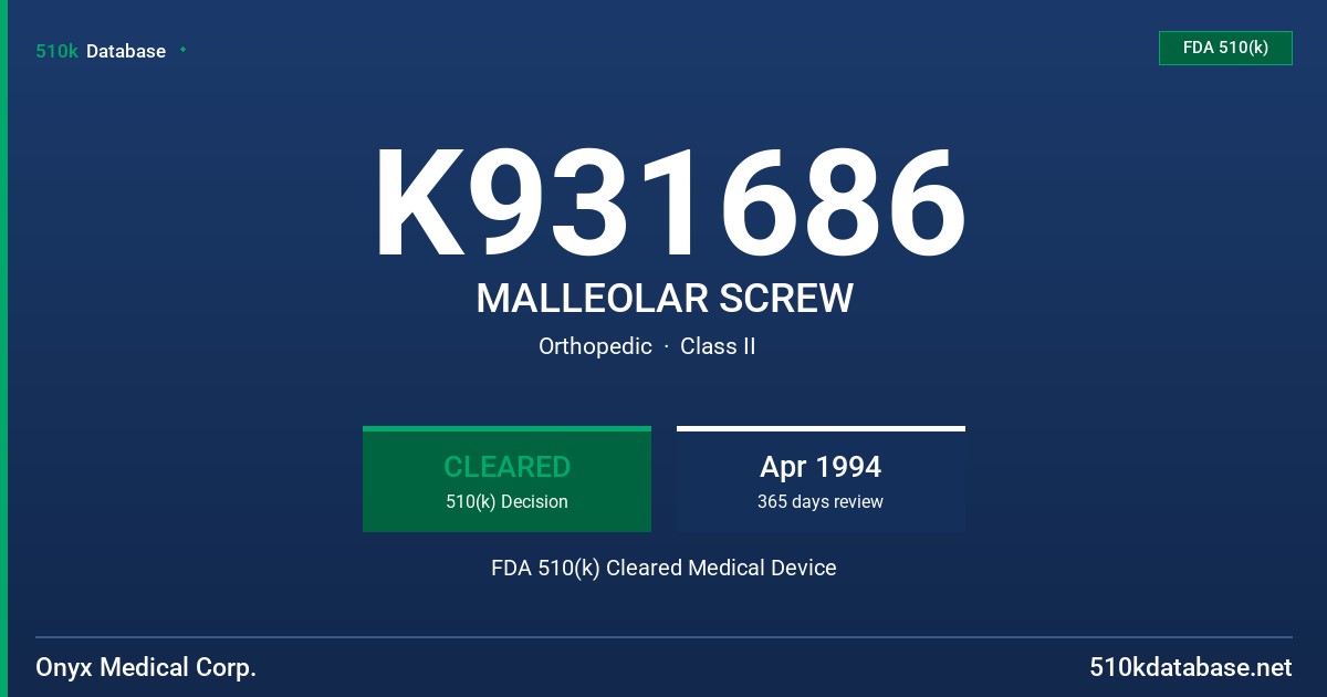 K931686 MALLEOLAR SCREW FDA 510(k) Cleared Medical Device
