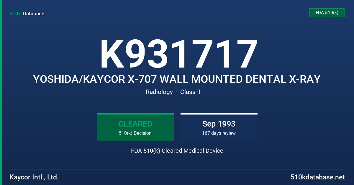 K931717 YOSHIDA/KAYCOR X-707 WALL MOUNTED DENTAL X-RAY FDA 510(k) Cleared Medical Device