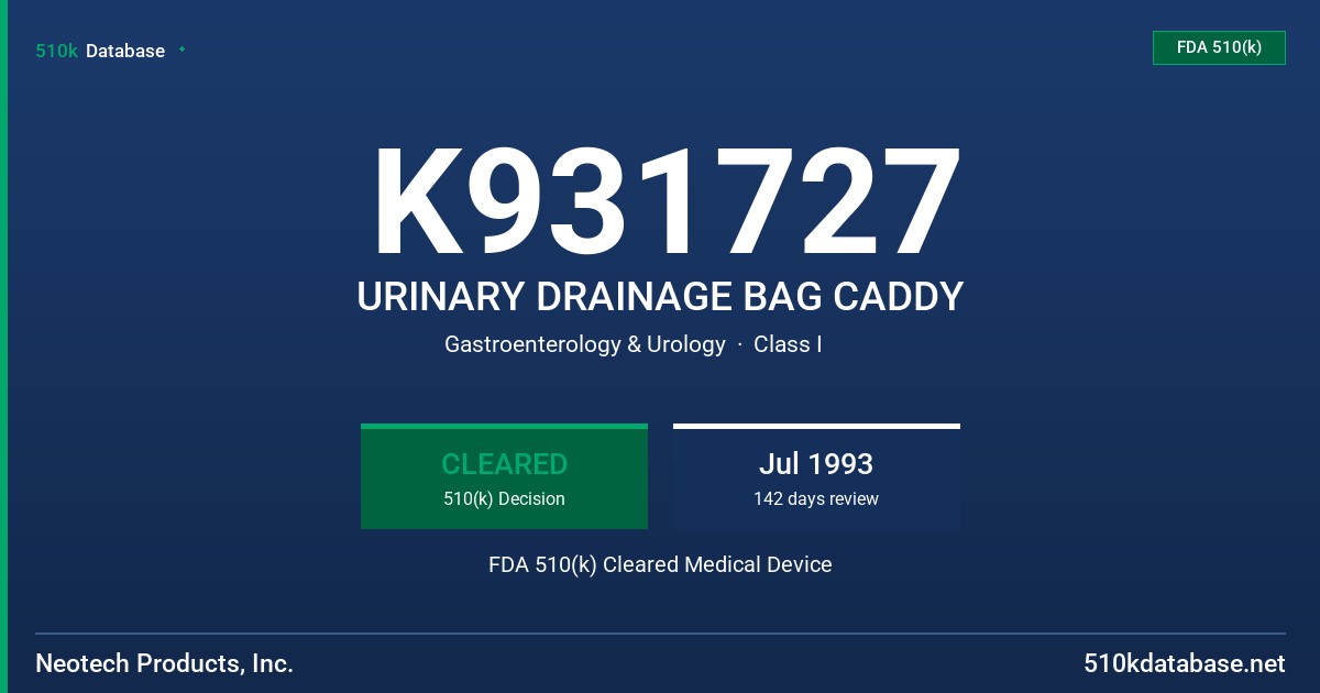 K931727 URINARY DRAINAGE BAG CADDY FDA 510(k) Cleared Medical Device