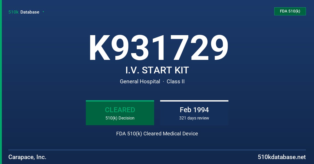 K931729 I.V. START KIT FDA 510(k) Cleared Medical Device