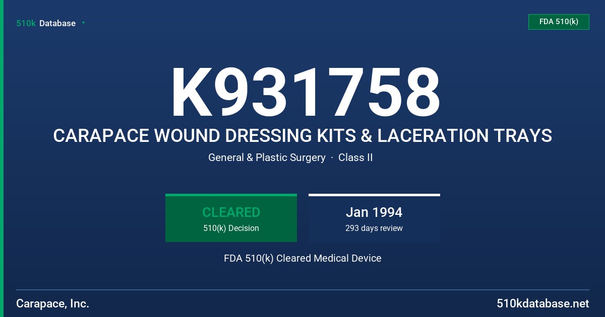 K931758 CARAPACE WOUND DRESSING KITS & LACERATION TRAYS FDA 510(k) Cleared Medical Device
