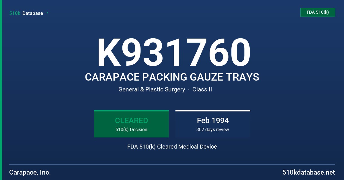 K931760 CARAPACE PACKING GAUZE TRAYS FDA 510(k) Cleared Medical Device