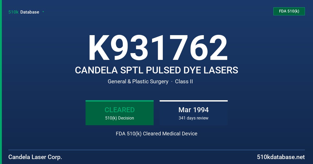 K931762 CANDELA SPTL PULSED DYE LASERS FDA 510(k) Cleared Medical Device