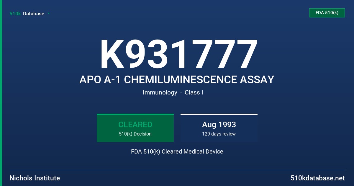 K931777 APO A-1 CHEMILUMINESCENCE ASSAY FDA 510(k) Cleared Medical Device
