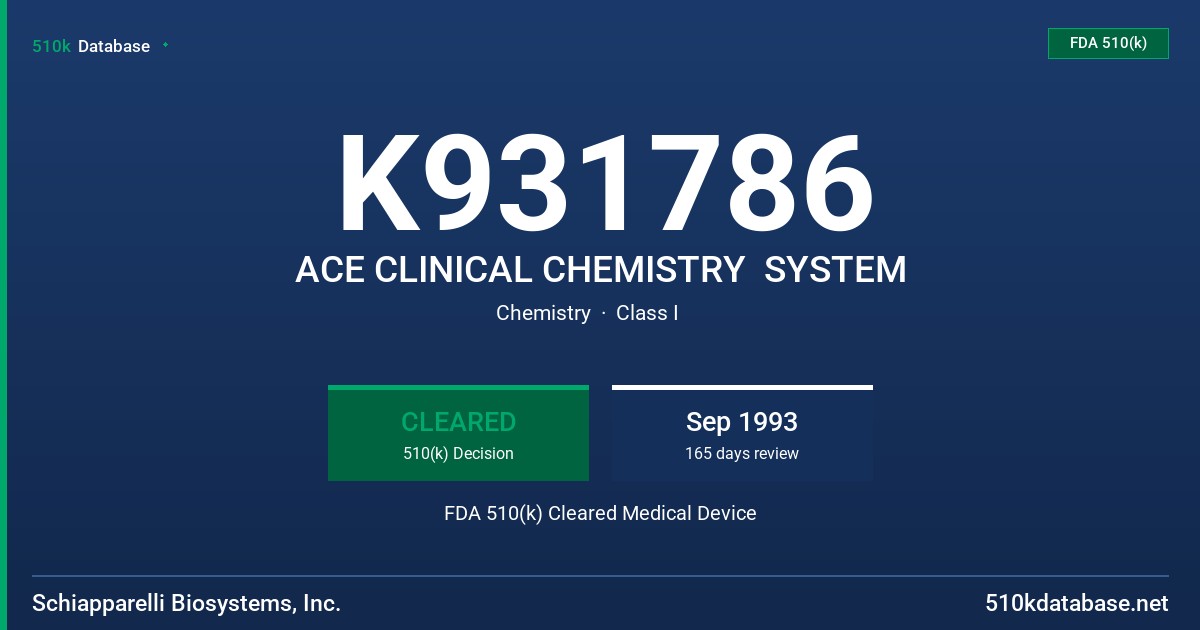 K931786 ACE CLINICAL CHEMISTRY  SYSTEM FDA 510(k) Cleared Medical Device