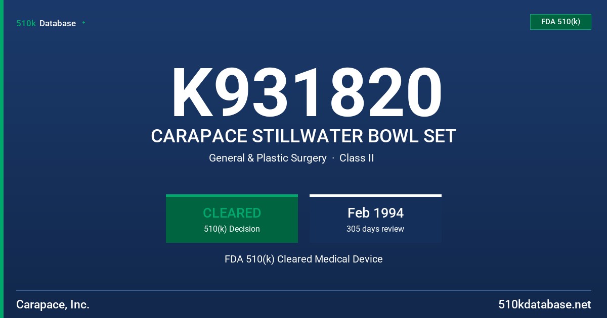 K931820 CARAPACE STILLWATER BOWL SET FDA 510(k) Cleared Medical Device