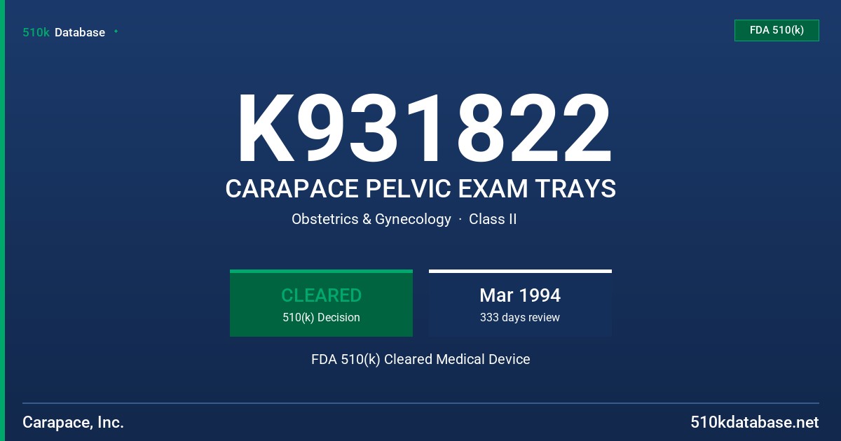 K931822 CARAPACE PELVIC EXAM TRAYS FDA 510(k) Cleared Medical Device