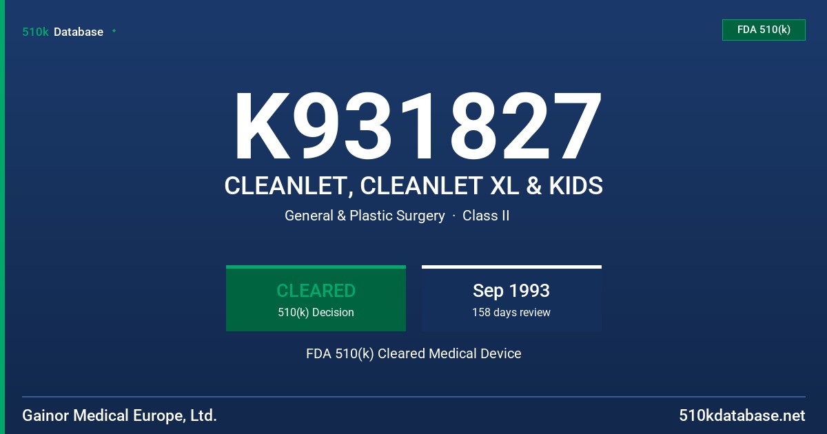 K931827 CLEANLET, CLEANLET XL & KIDS FDA 510(k) Cleared Medical Device