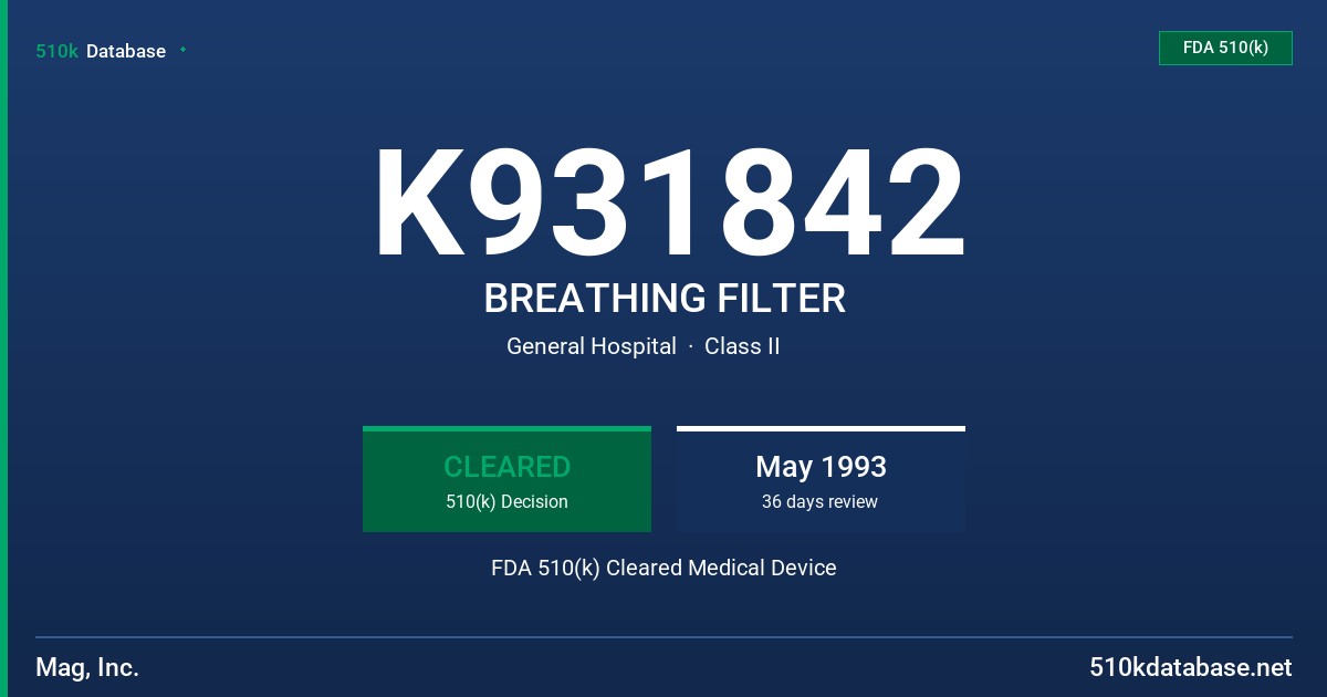 K931842 BREATHING FILTER FDA 510(k) Cleared Medical Device