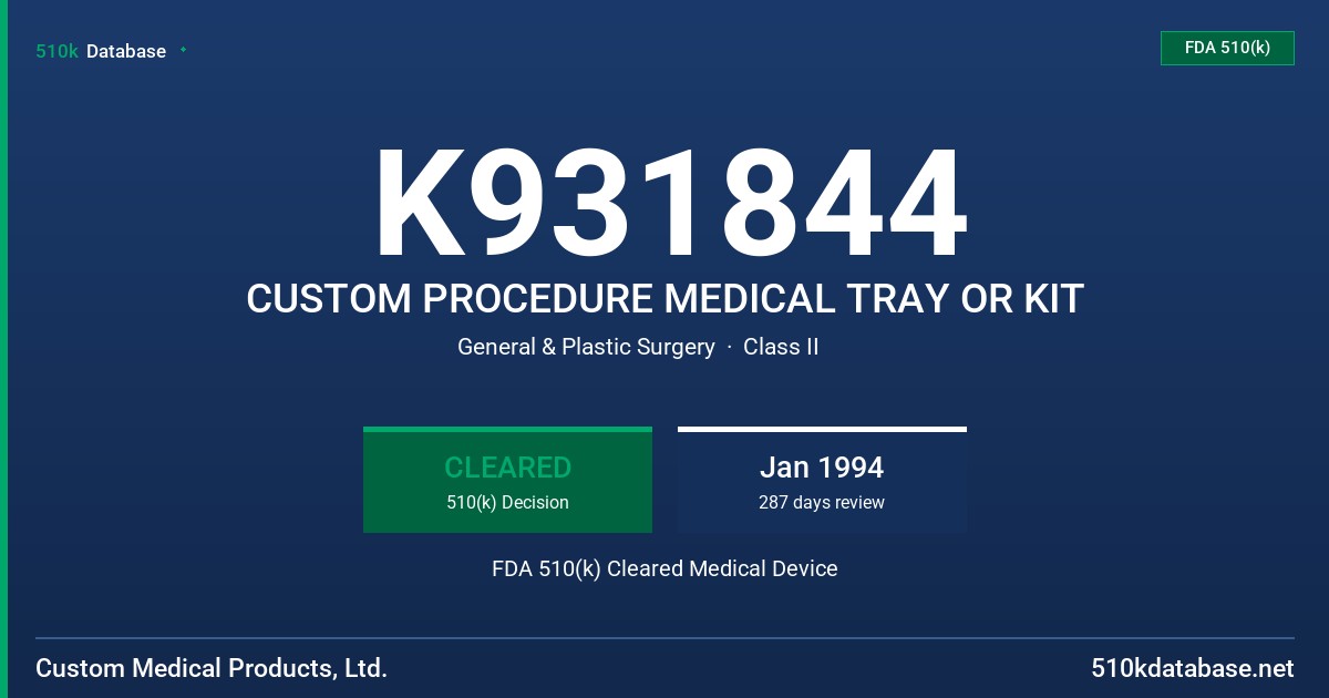 K931844 CUSTOM PROCEDURE MEDICAL TRAY OR KIT FDA 510(k) Cleared Medical Device