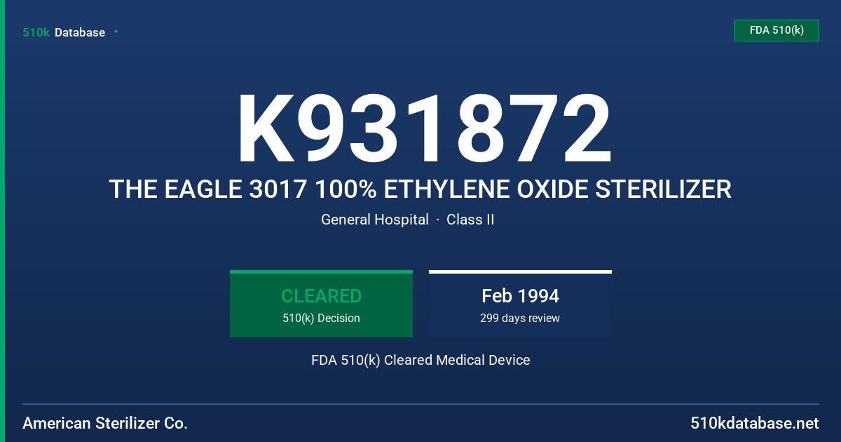 K931872 THE EAGLE 3017 100% ETHYLENE OXIDE STERILIZER FDA 510(k) Cleared Medical Device