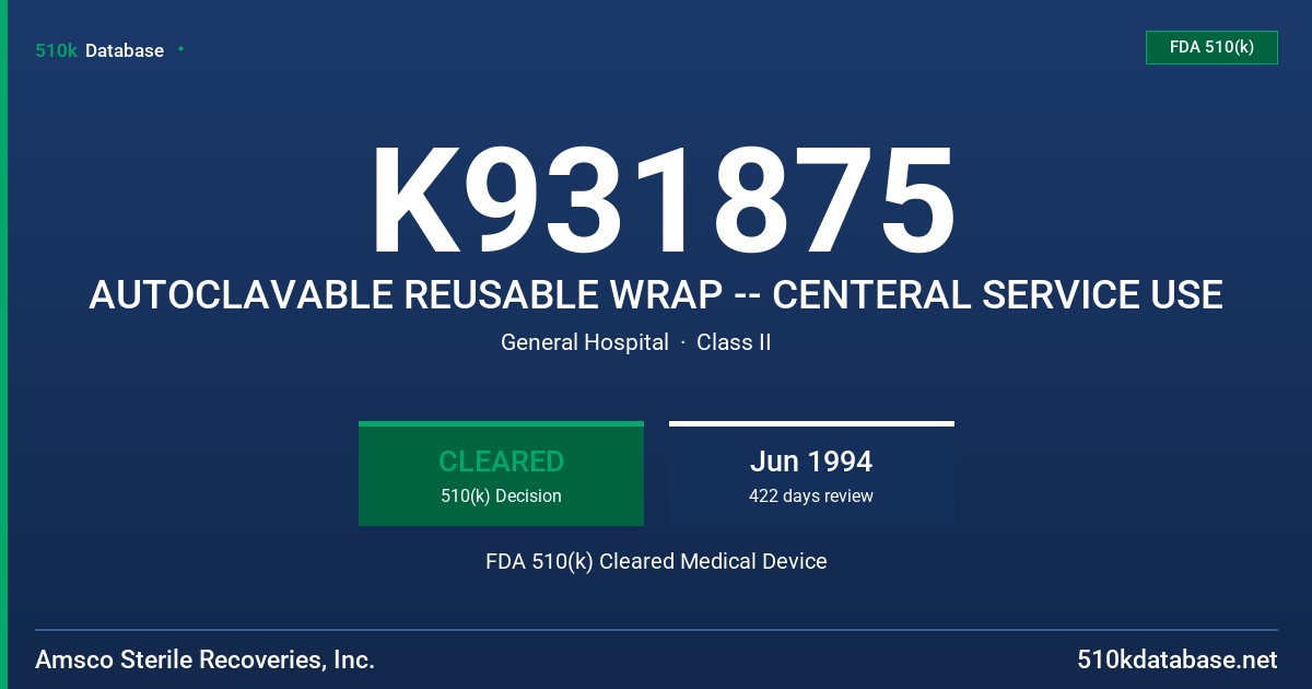 K931875 AUTOCLAVABLE REUSABLE WRAP -- CENTERAL SERVICE USE FDA 510(k) Cleared Medical Device