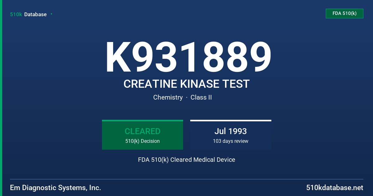 K931889 CREATINE KINASE TEST FDA 510(k) Cleared Medical Device