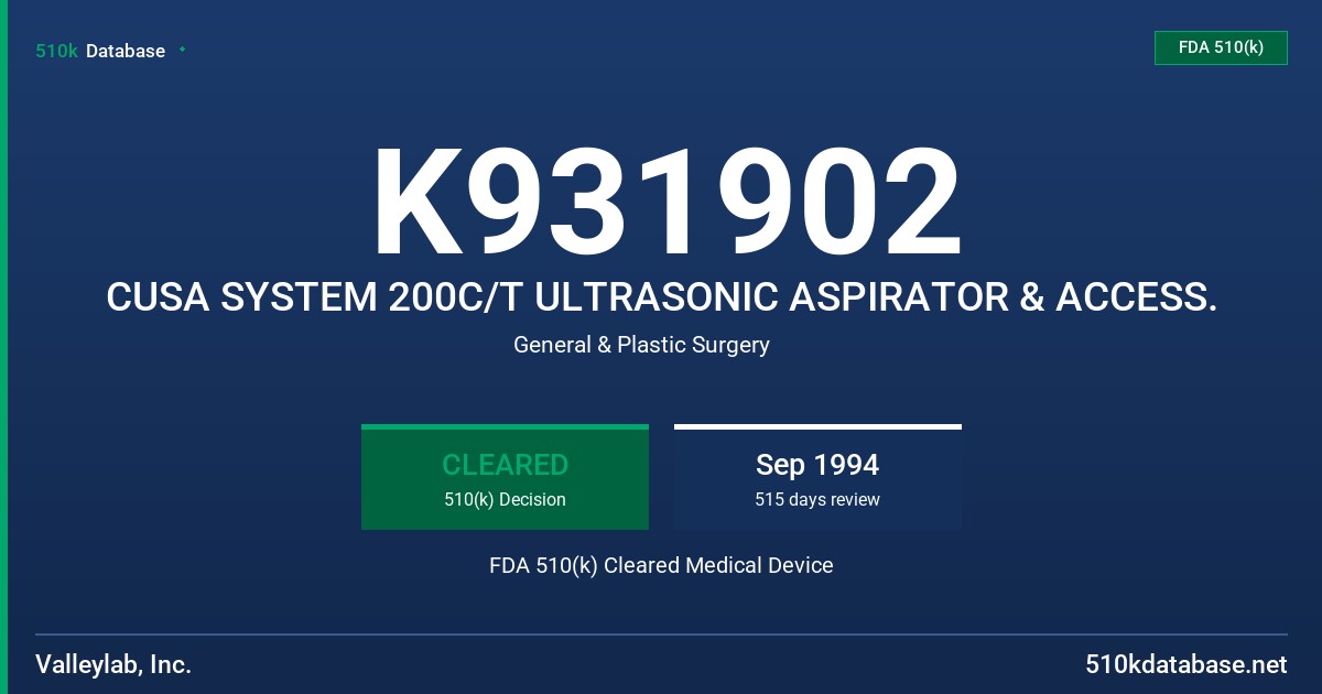 K931902 CUSA SYSTEM 200C/T ULTRASONIC ASPIRATOR & ACCESS. FDA 510(k) Cleared Medical Device