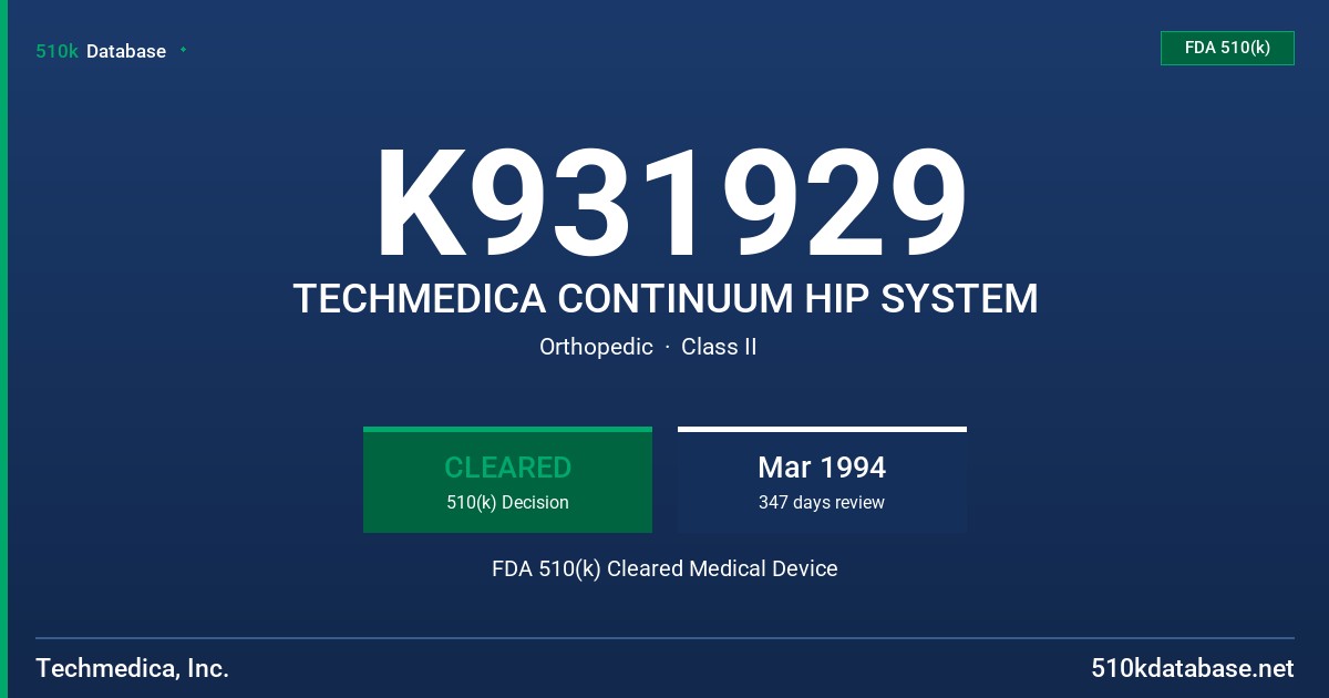 K931929 TECHMEDICA CONTINUUM HIP SYSTEM FDA 510(k) Cleared Medical Device
