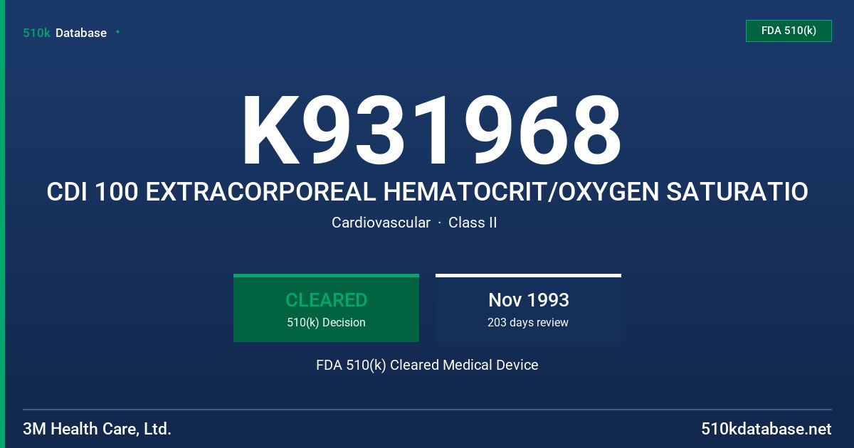 K931968 CDI 100 EXTRACORPOREAL HEMATOCRIT/OXYGEN SATURATIO FDA 510(k) Cleared Medical Device
